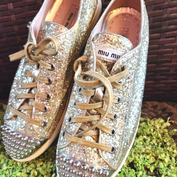 MIU MIU Gold Glitter Sparkle Silver Studs Toe Lace Up Flat Luxury Sneakers 40 - Picture 2 of 16